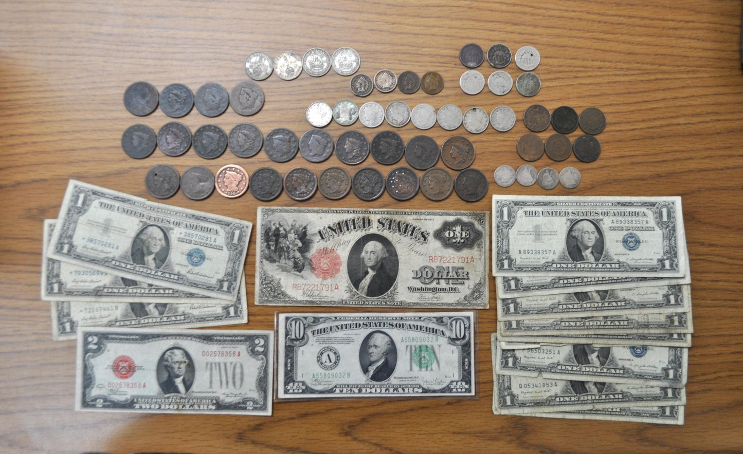 Old US Coin & Paper Currency Lot, Exact Items Photographed - Priced to Sell - Large Cents, Two Cent, Shield Nickels, V Nickels, Seated Dimes