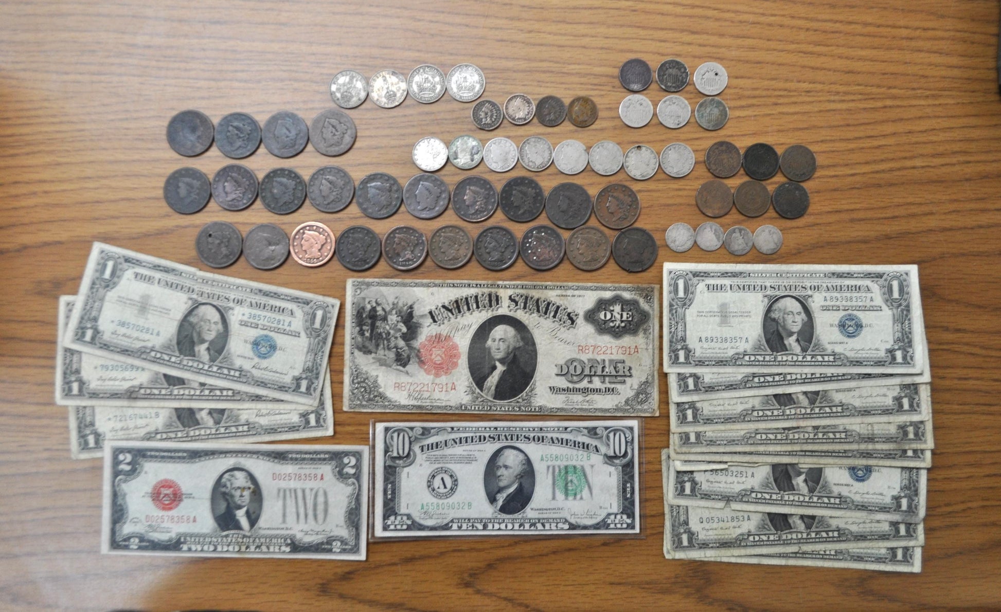 Old US Coin & Paper Currency Lot, Exact Items Photographed - Priced to Sell - Large Cents, Two Cent, Shield Nickels, V Nickels, Seated Dimes