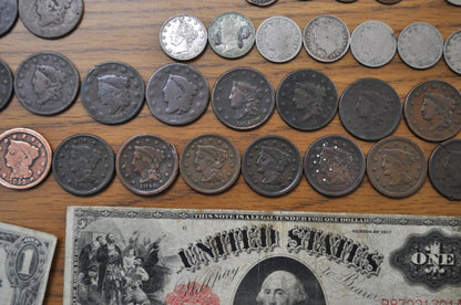 Old US Coin & Paper Currency Lot, Exact Items Photographed - Priced to Sell - Large Cents, Two Cent, Shield Nickels, V Nickels, Seated Dimes