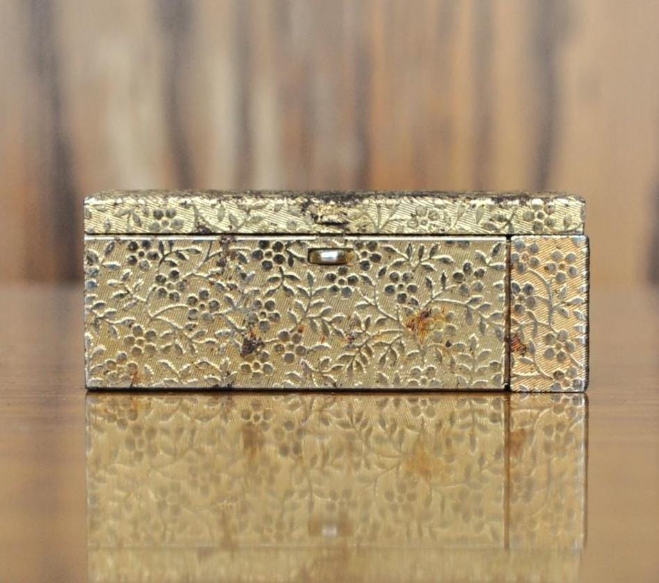 Vintage Avon Refillable Gold Tone Floral Lipstick Compact - With Lipstick, Tender Amber - 1950s Gold Tone Compact Mirror Lipstick Holder