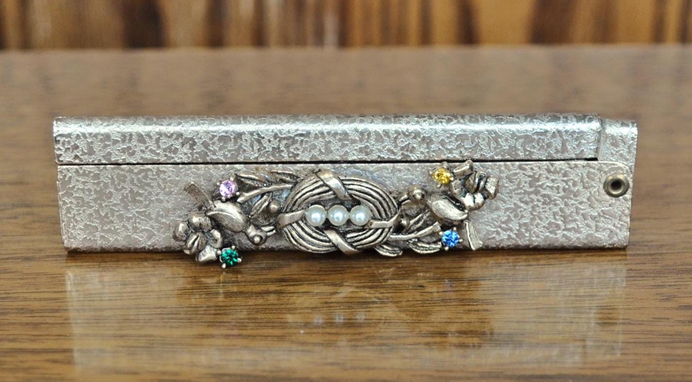 Vintage Compact Ornate Brass Folding Pocket Comb - Birds and Nest Design - Amazing Gold Filigree Mini Foldable Pocket Travel Hair Comb