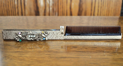 Vintage Compact Ornate Brass Folding Pocket Comb - Birds and Nest Design - Amazing Gold Filigree Mini Foldable Pocket Travel Hair Comb