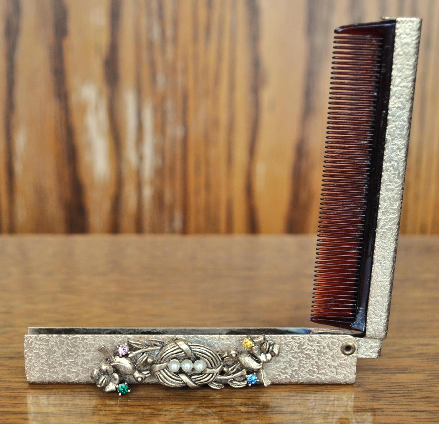 Vintage Compact Ornate Brass Folding Pocket Comb - Birds and Nest Design - Amazing Gold Filigree Mini Foldable Pocket Travel Hair Comb