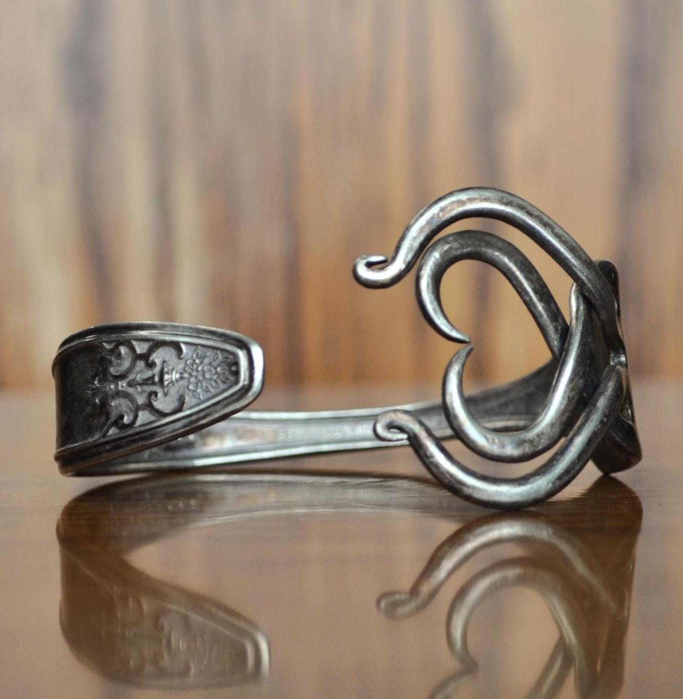 Vintage Silverplated Lady Doris Fork Made into Bracelet Cuff - Stunning Silverware Fork Heart Cuff - Handmade Vintage Heart Design Bracelet