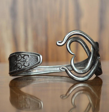 Vintage Silverplated Lady Doris Fork Made into Bracelet Cuff - Stunning Silverware Fork Heart Cuff - Handmade Vintage Heart Design Bracelet