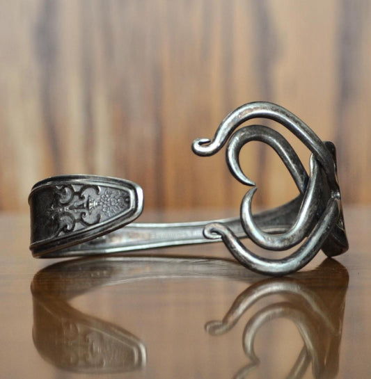 Vintage Silverplated Lady Doris Fork Made into Bracelet Cuff - Stunning Silverware Fork Heart Cuff - Handmade Vintage Heart Design Bracelet