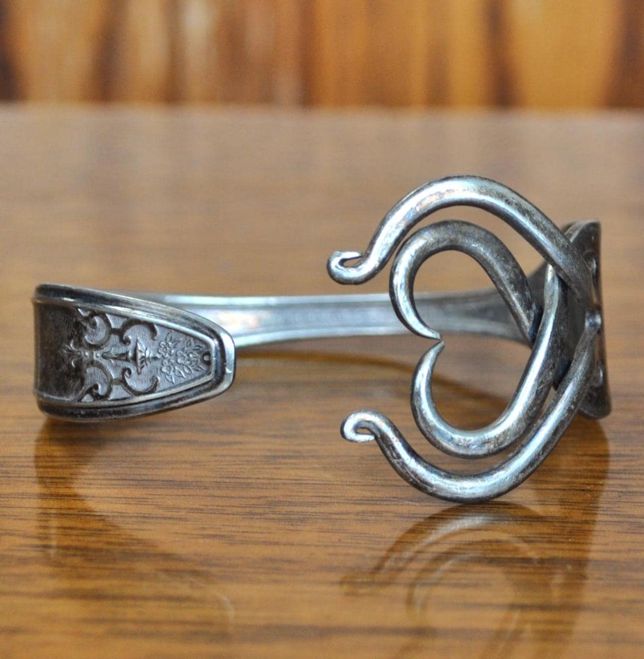 Vintage Silverplated Lady Doris Fork Made into Bracelet Cuff - Stunning Silverware Fork Heart Cuff - Handmade Vintage Heart Design Bracelet