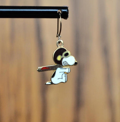 Vintage Aviva Peanuts Gold Tone Enamel Snooky Ski Earrings - United Features - Stunning Skiing Snoopy Aviva Enamel Dangle Earrings