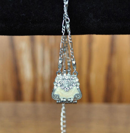 Vintage VCLM Silver-Toned Enamel Rhinestone Purse Locket Necklace - Unique Locket Necklace - Cool VCLM Silver Purse Locket Necklace