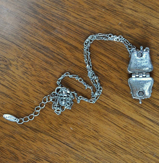 Vintage VCLM Silver-Toned Enamel Rhinestone Purse Locket Necklace - Unique Locket Necklace - Cool VCLM Silver Purse Locket Necklace