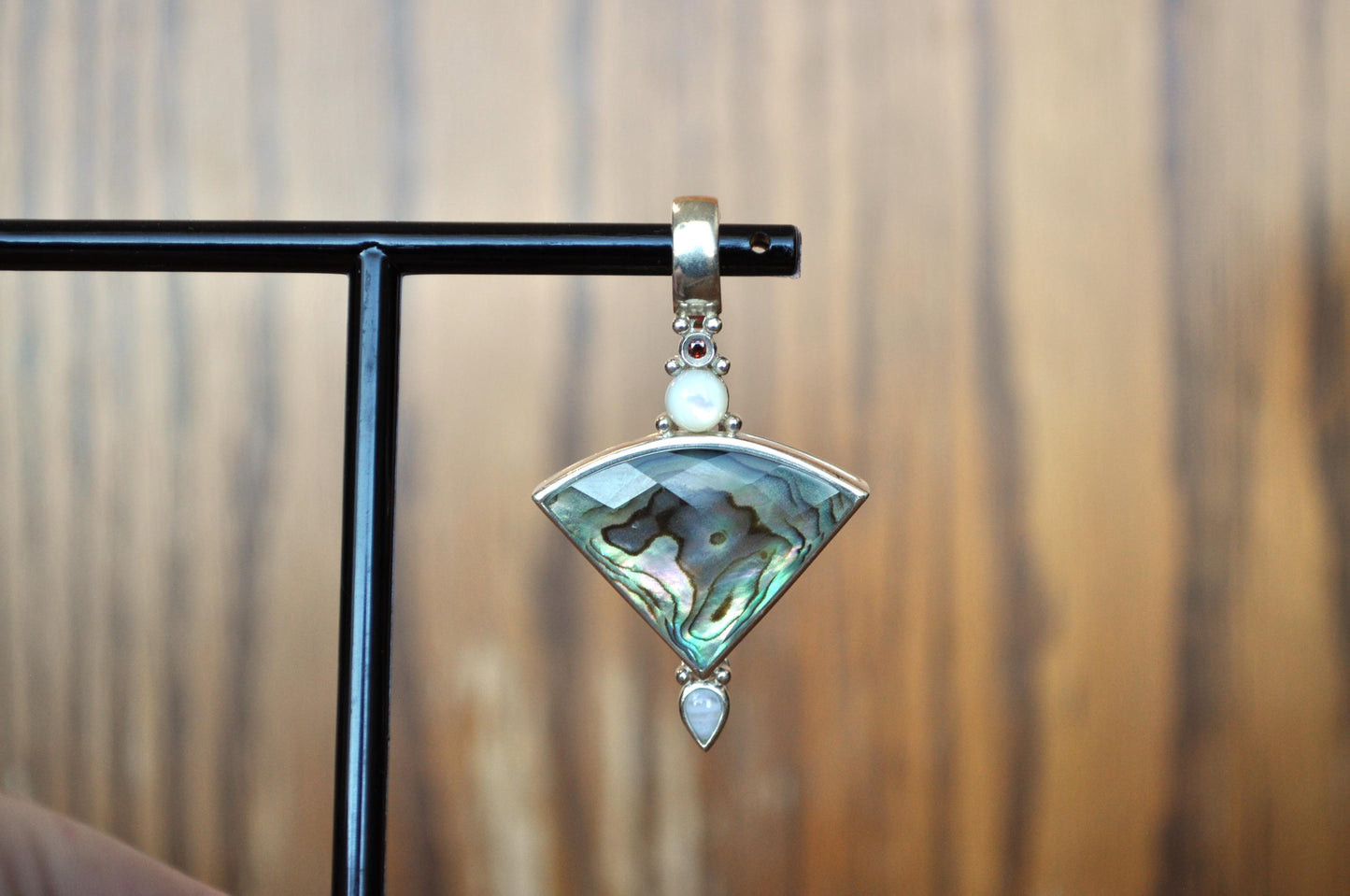 Mesmerizing Whitney Kelly 925 Sterling Silver MOP Garnet Moonstone Enhancer Pendant - Vintage 925 Whitney Kelly Jewelry - Lovely Piece