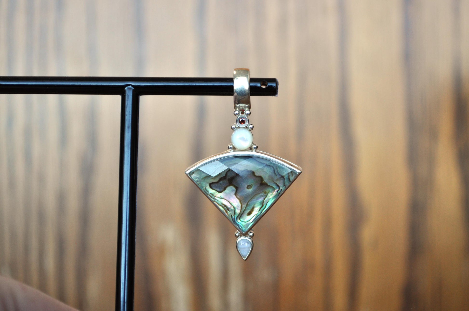 Mesmerizing Whitney Kelly 925 Sterling Silver MOP Garnet Moonstone Enhancer Pendant - Vintage 925 Whitney Kelly Jewelry - Lovely Piece