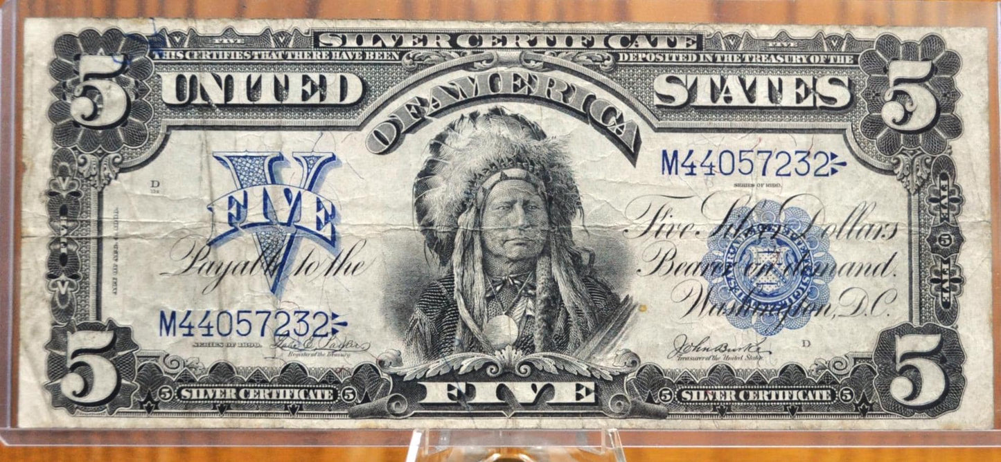 1899 5 Dollar Silver Certificate Chief Note - VF (Very Fine) Grade - Horseblanket Note, Five Dollar Indian Chief Running Antelope - Fr.277
