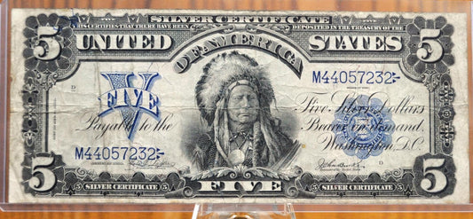 1899 5 Dollar Silver Certificate Chief Note - VF (Very Fine) Grade - Horseblanket Note, Five Dollar Indian Chief Running Antelope - Fr.277