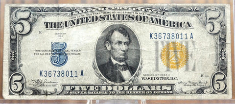 1934-A 5 Dollar North Africa Silver Certificate Yellow Seal - F+ (Fine-Very Fine) Grade, 1934 North Africa Five Dollar Silver Cert Fr#2307