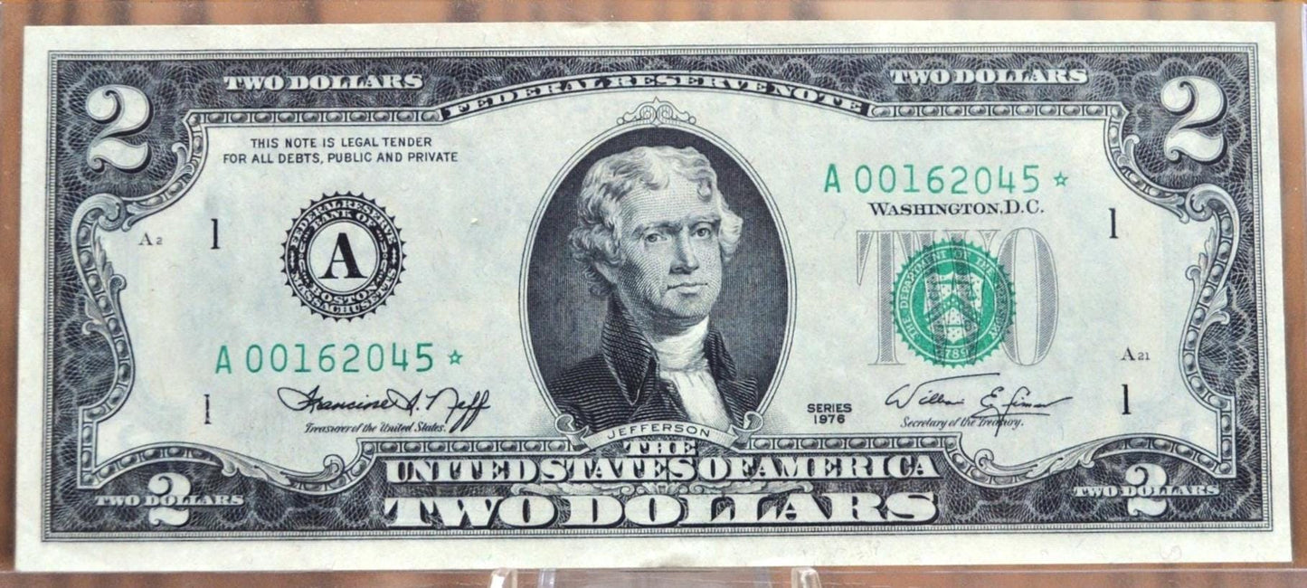 1976 2 Dollar Star Note, Fr#1935-A* (Boston), CU (Uncirculated) Grade/Condition, Two Dollar Bill 1976 Star Note High Grade Crisp, 1976 Star