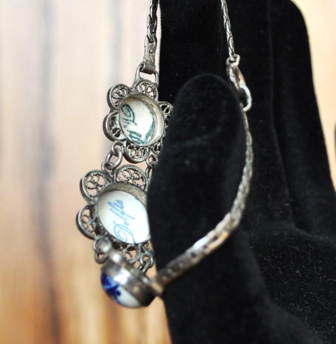 Authentic Sterling Silver Delft Porcelain Bracelet - 7in Length - Signed Delft Porcelain - Vintage Delft Windmill Porcelain Bracelet 925