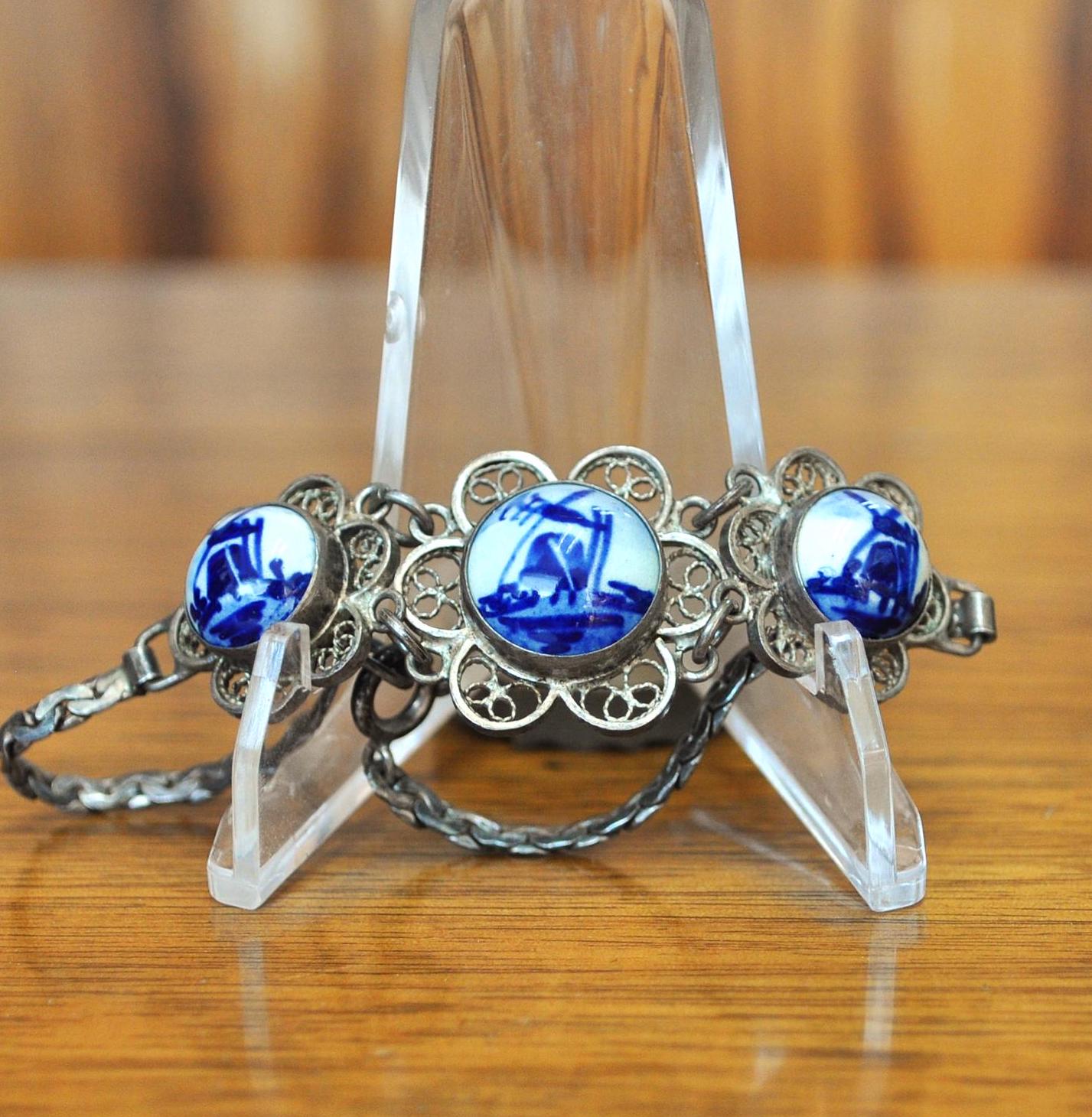 Authentic Sterling Silver Delft Porcelain Bracelet - 7in Length - Signed Delft Porcelain - Vintage Delft Windmill Porcelain Bracelet 925