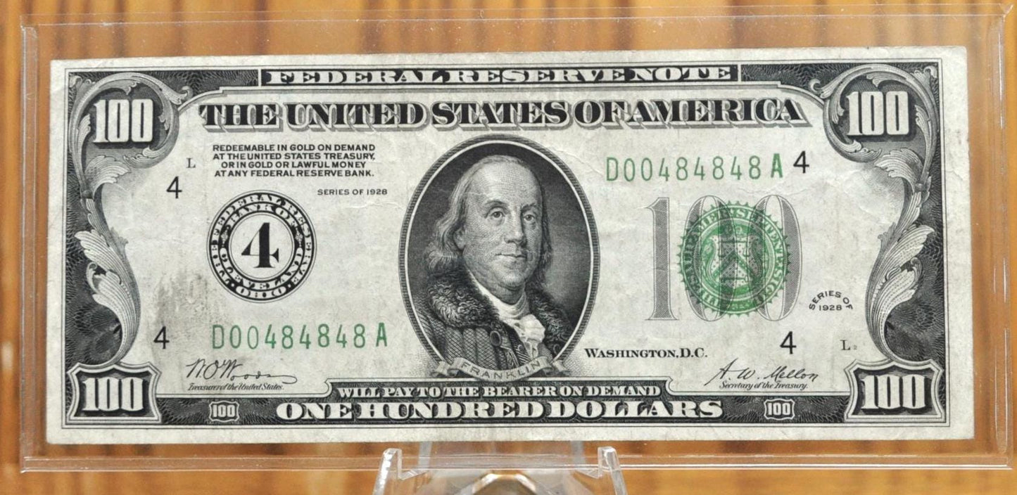 1928 Federal Reserve 100 Dollar Note - Numeral Note, Cleveland (4) - 1928 One Hundred Dollar Note - Fr#2150-D Fancy Repeating Serial Number!