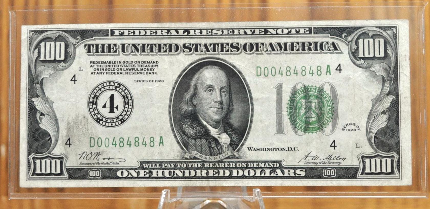 1928 Federal Reserve 100 Dollar Note - Numeral Note, Cleveland (4) - 1928 One Hundred Dollar Note - Fr#2150-D Fancy Repeating Serial Number!