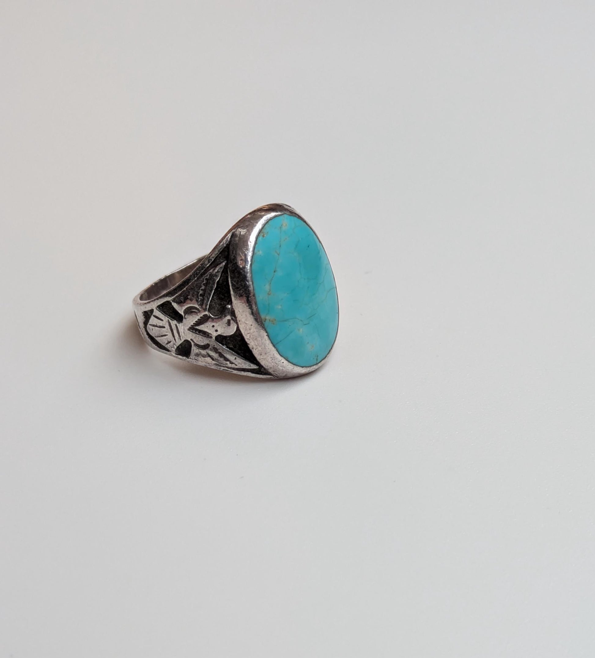 Rare Sterling Silver Men's Turquoise Silver Thunderbird Ring - Size 10 - Rare Native American Jewelry