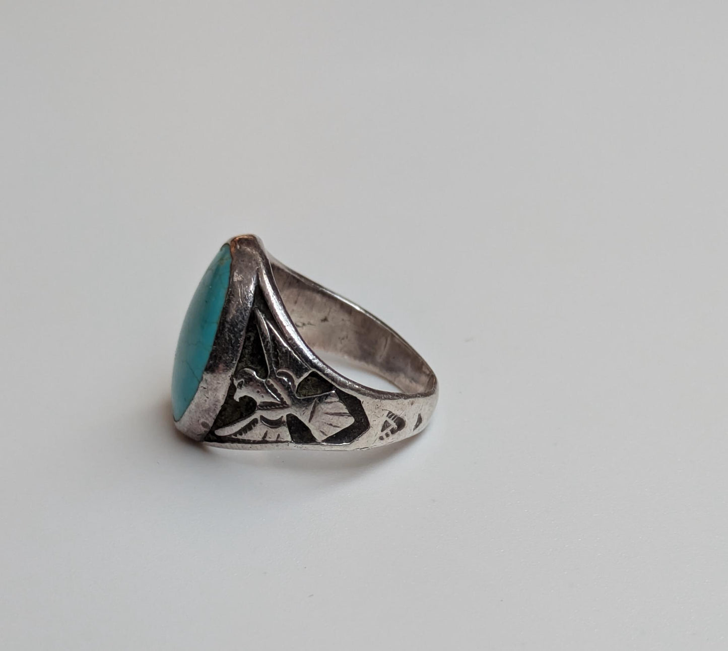 Rare Sterling Silver Men's Turquoise Silver Thunderbird Ring - Size 10 - Rare Native American Jewelry