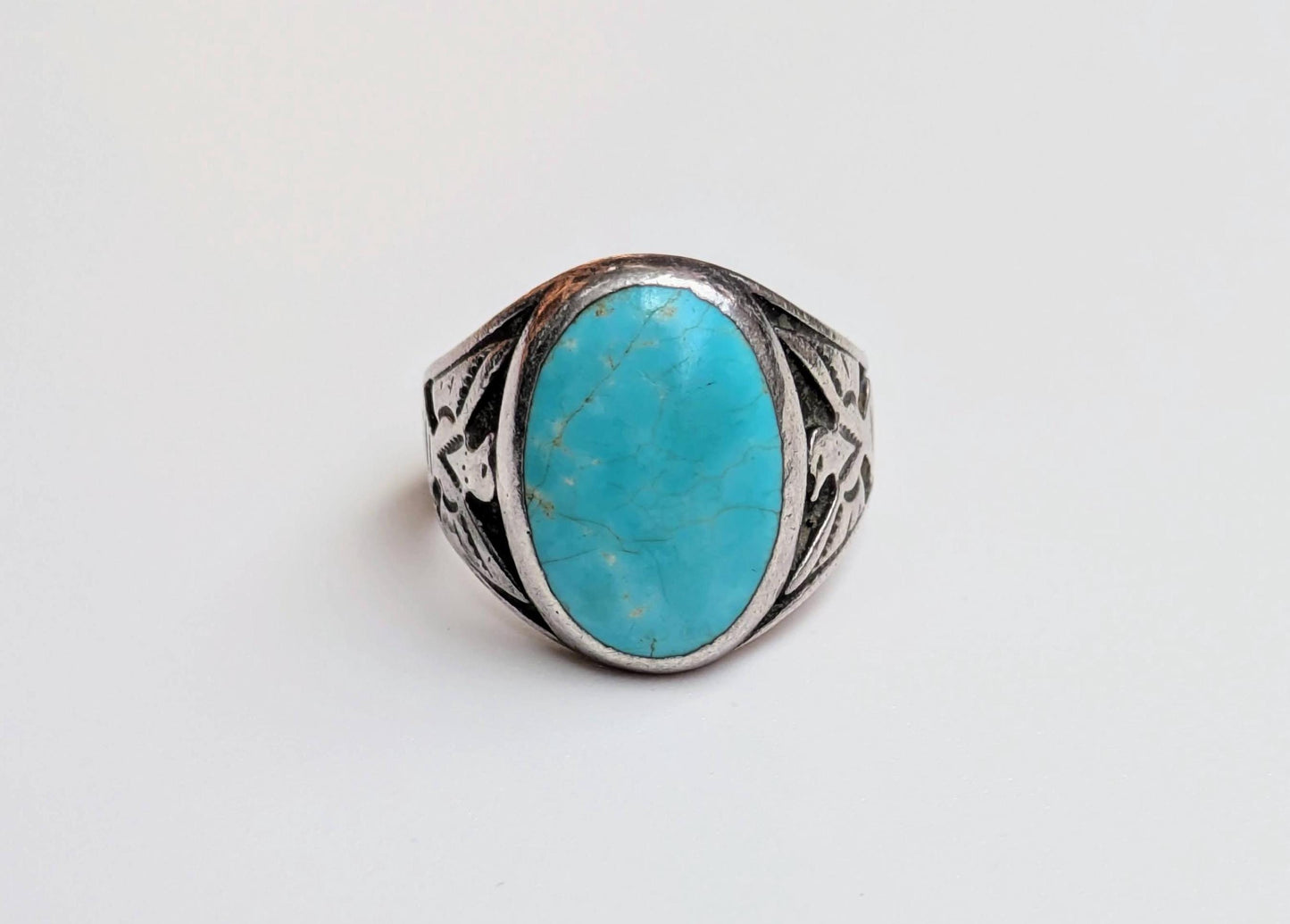 Rare Sterling Silver Men's Turquoise Silver Thunderbird Ring - Size 10 - Rare Native American Jewelry