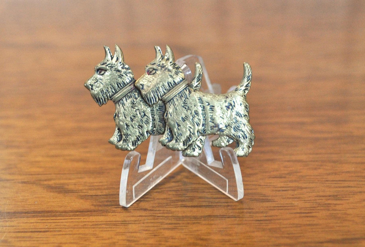 Vintage Art Deco Double Brass Scottie Brooch Pin - Double Scottish Terrier Dogs Pin - Gold Toned Scottish Terrier Walk Pin