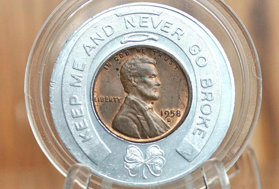 Merchant Bank Boston Good Luck Token - 125 Trentmont at Park St. Boston - The Friendly Bank - Good Luck Pocket Piece 1958 Encased Penny