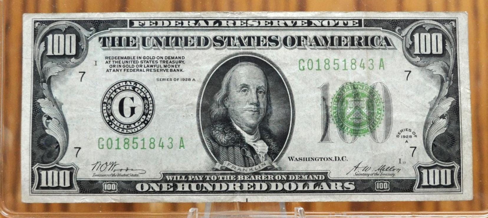 1928A Federal Reserve 100 Dollar Note - Light Green Seal - Chicago (G) - Redeemable in Gold - 1928 A One Hundred Dollar IL Note - Fr.2151-G