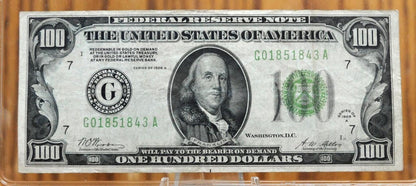 1928A Federal Reserve 100 Dollar Note - Light Green Seal - Chicago (G) - Redeemable in Gold - 1928 A One Hundred Dollar IL Note - Fr.2151-G
