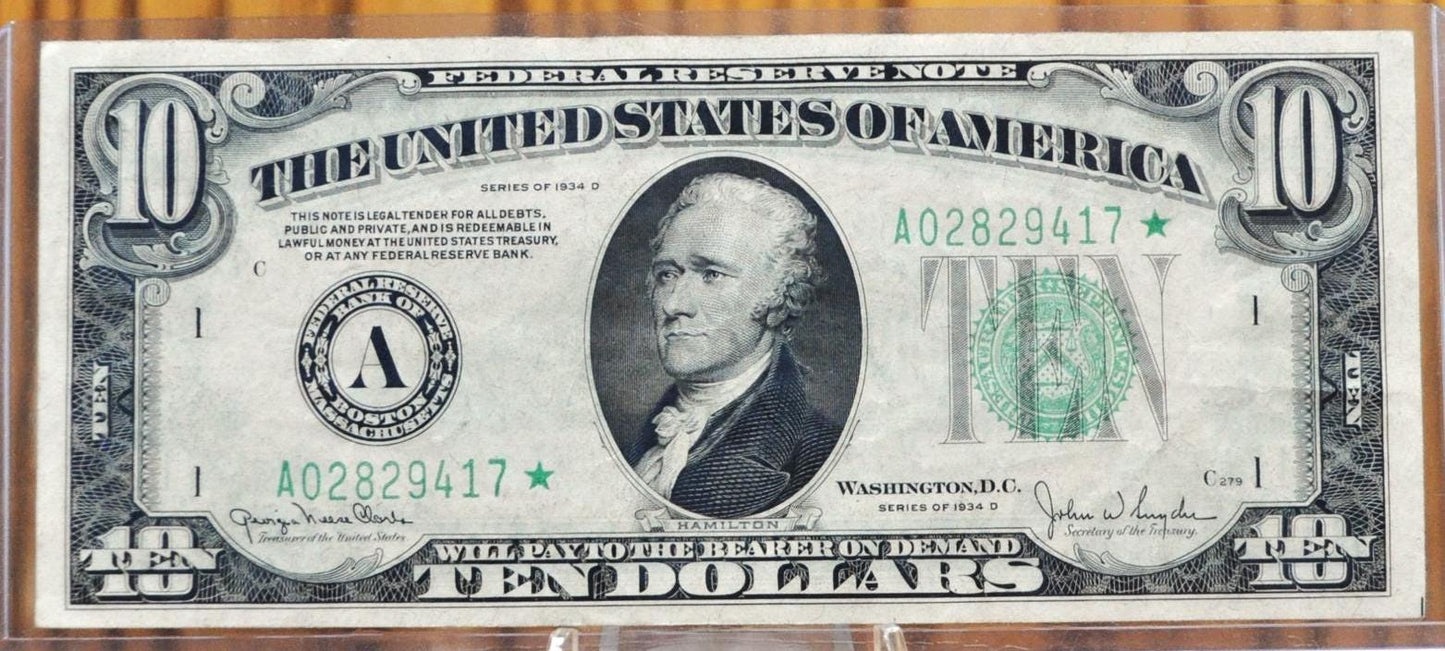 1934-D Federal Reserve 10 Dollar STAR Note - Extremely Fine (XF) - Boston (A) Issue - 1934D Green Seal Ten Dollar Star Note - Fr#2009-A*