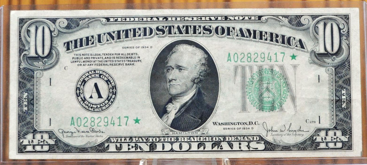1934-D Federal Reserve 10 Dollar STAR Note - Choice AU (about unc.) - Boston (A) Issue - 1934D Green Seal Ten Dollar Star Note - Fr#2009-A*