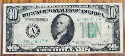 1934-D Federal Reserve 10 Dollar STAR Note - Choice AU (about unc.) - Boston (A) Issue - 1934D Green Seal Ten Dollar Star Note - Fr#2009-A*
