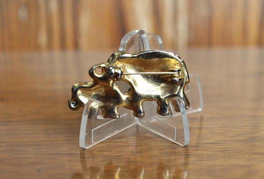 Cute Carolee Rhinestone Diamante Mama and Baby Elephant Brooch - Carolee Diamante Elephant Brooch - Gold and Black Crystal Elephant Brooch