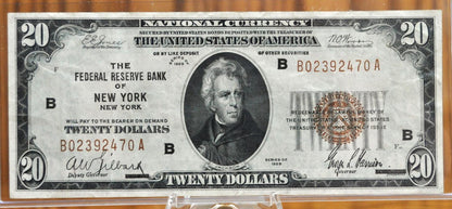 1929 National Currency 20 Dollar Note - Choice of Grade - New York (B) Bank Issue - 1929 B Twenty Dollar Federal Reserve Bank - Fr#1870-B