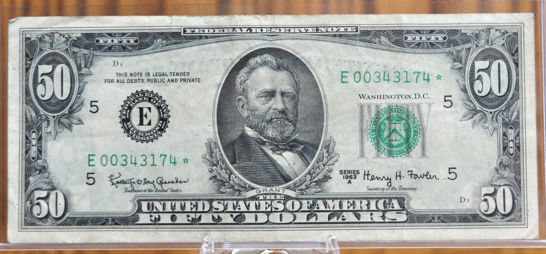 1963-A 50 Dollar Star Replacement Note - Richmond VA (E) Star Note - Dark Green Seal - 1963A Fifty Dollar Federal Reserve Note - Fr#2113-E*