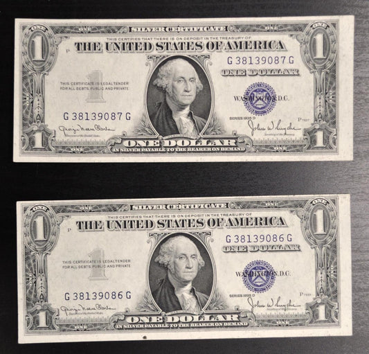 1935 D Silver Certificate 1 Dollar Narrow Notes - AU (About Uncirculated) - Set of 2 Consecutive Serial Notes - 1935A One Dollar - Fr#1613N