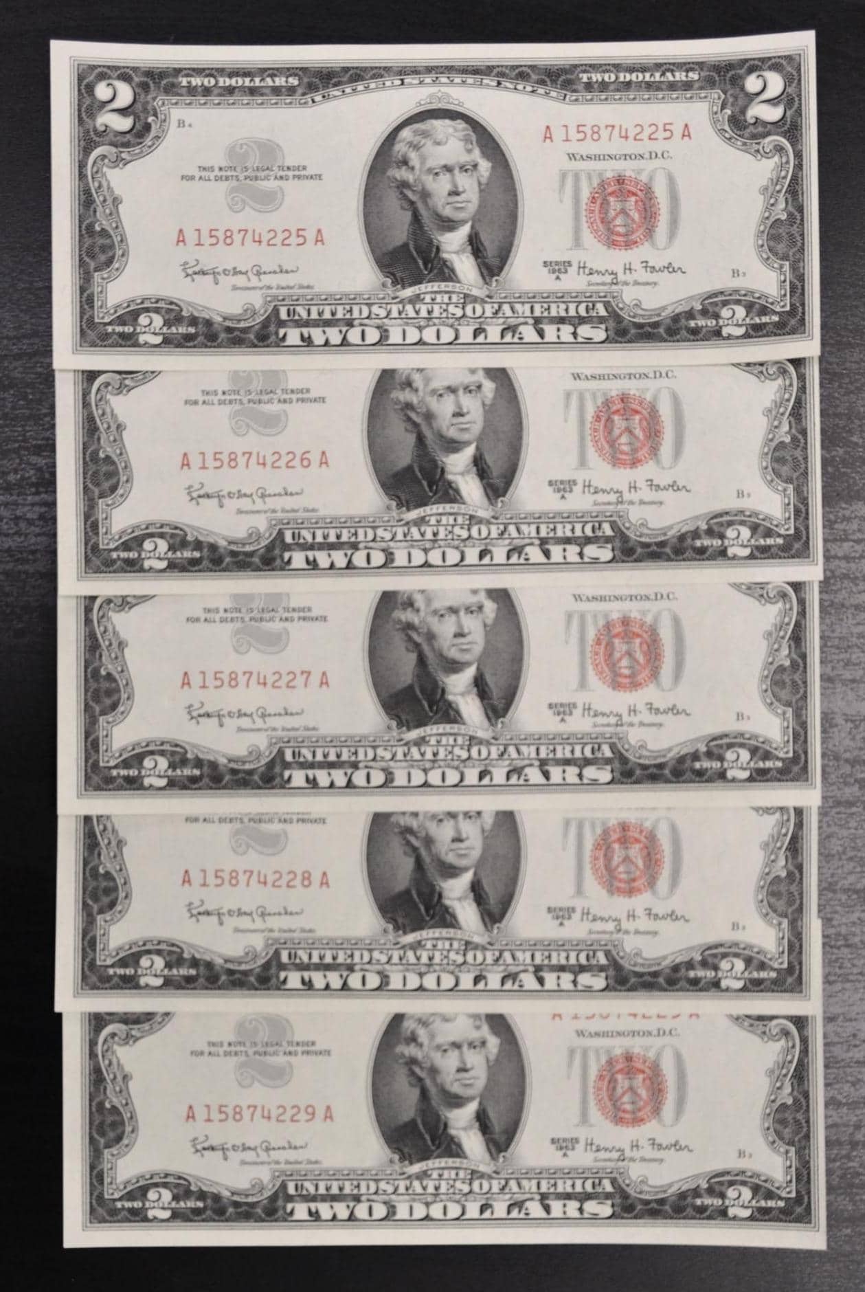 Set of 5 1963A Red Seal 2 Dollar United States Notes - UNC - Consecutive Serial Numbers - 1963 A Two Dollar Legal Tender Notes - Fr.1514