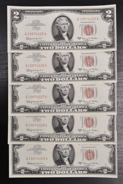 Set of 5 1963A Red Seal 2 Dollar United States Notes - UNC - Consecutive Serial Numbers - 1963 A Two Dollar Legal Tender Notes - Fr.1514