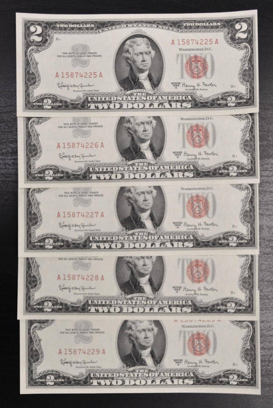 Set of 5 1963A Red Seal 2 Dollar United States Notes - UNC - Consecutive Serial Numbers - 1963 A Two Dollar Legal Tender Notes - Fr.1514
