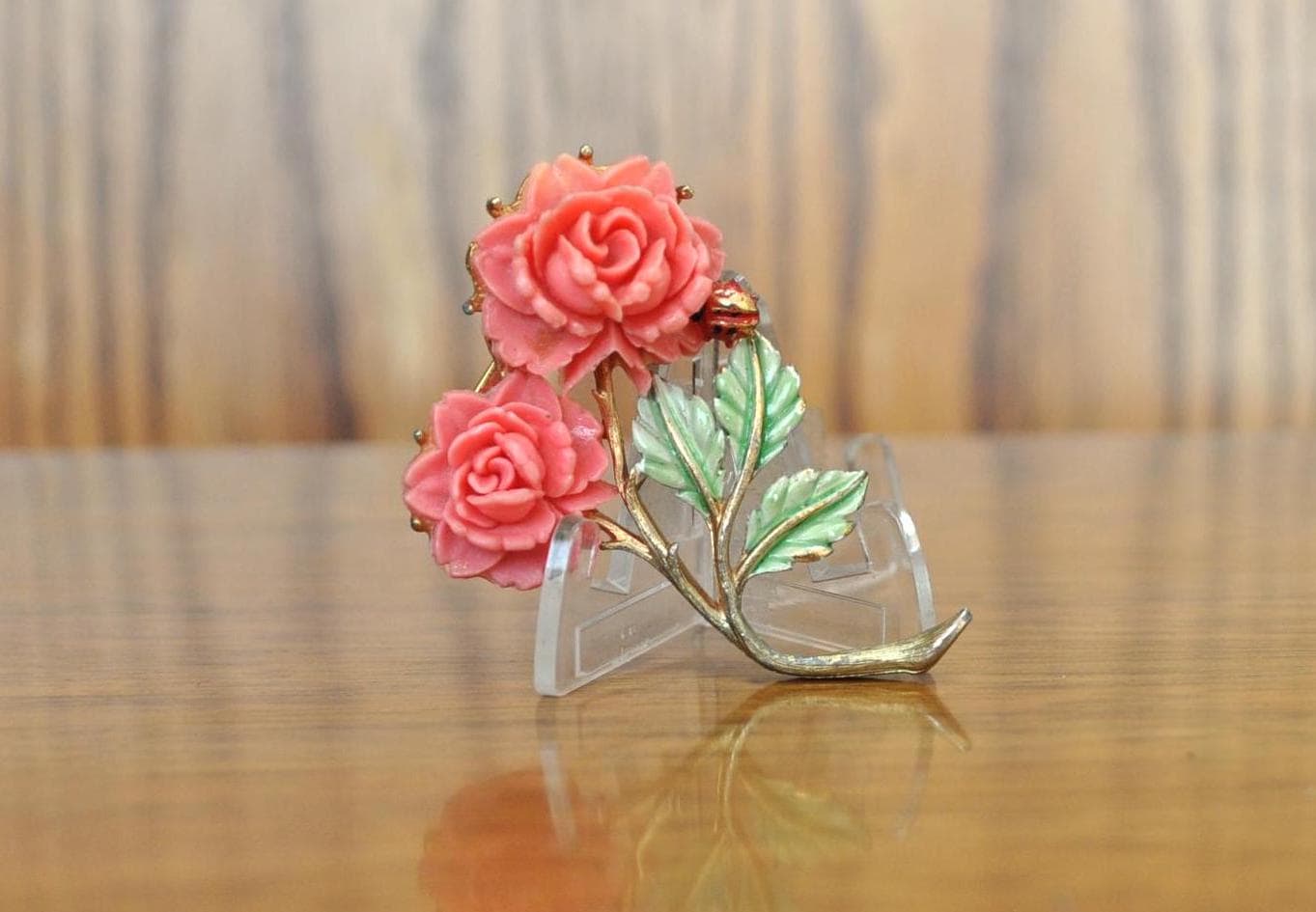 Beautiful JJ Jonette Signed Rose with Ladybug Pin Lapel Enamel Collectible - JJ Jewelry - JJ ladybug Rose Brooch