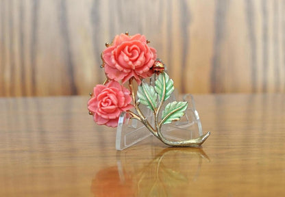 Beautiful JJ Jonette Signed Rose with Ladybug Pin Lapel Enamel Collectible - JJ Jewelry - JJ ladybug Rose Brooch