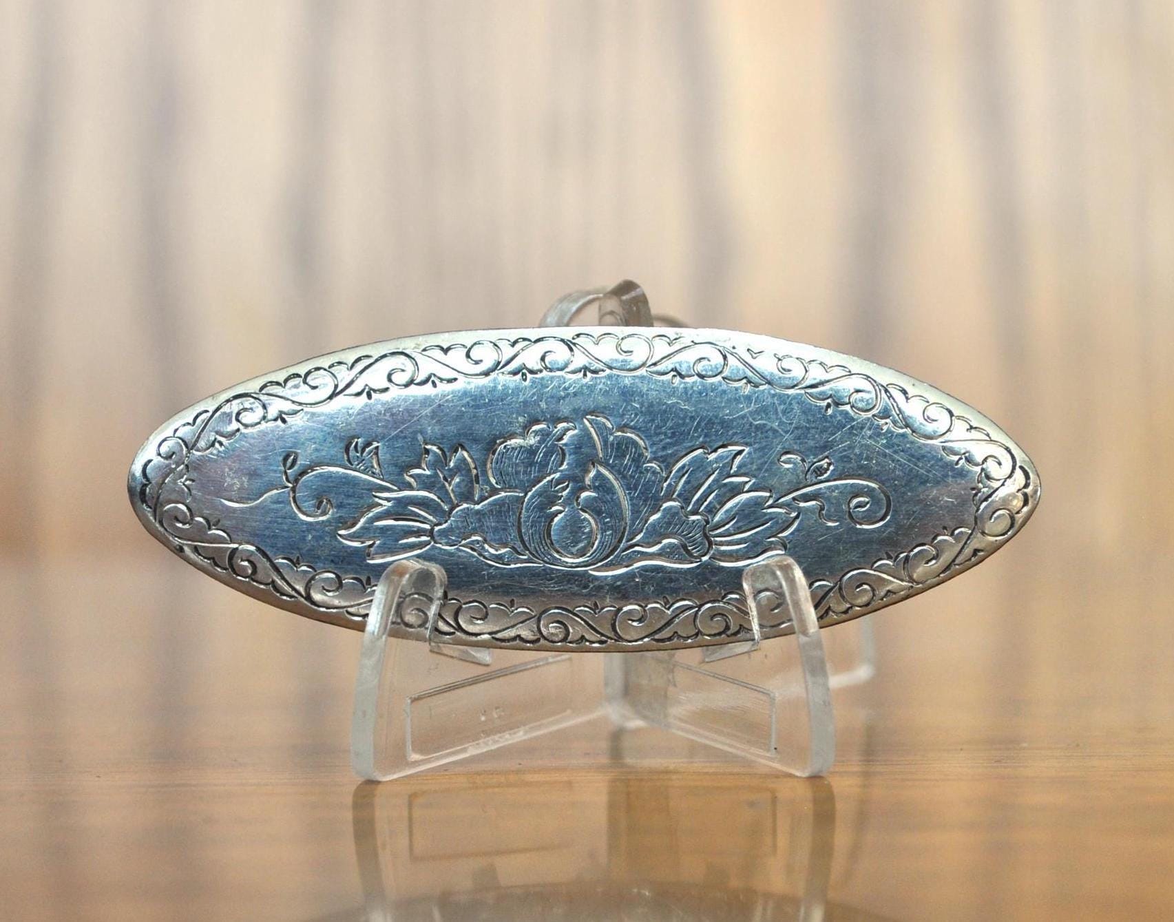 Amazing Signed Kirk-Stieff Pewter Oval Floral Engraved Pin Brooch - Kirk-Stieff Pewter Pin - Oval Floral Brooch
