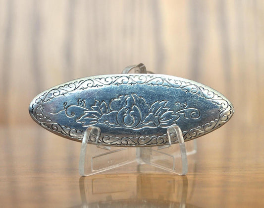 Amazing Signed Kirk-Stieff Pewter Oval Floral Engraved Pin Brooch - Kirk-Stieff Pewter Pin - Oval Floral Brooch