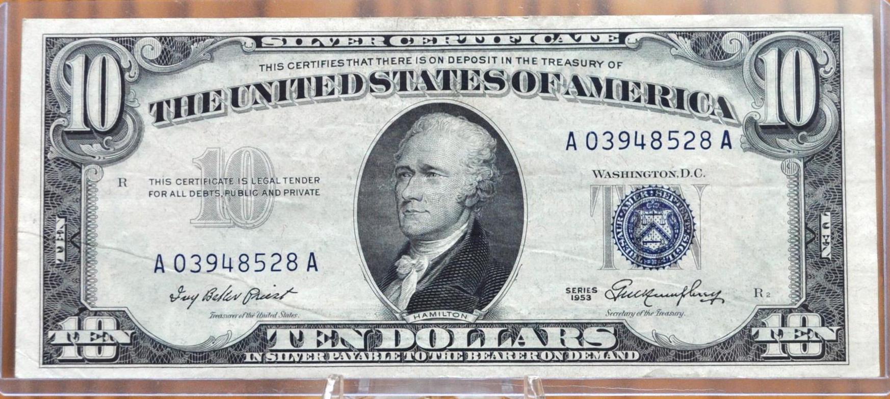 1953 Blue Seal 10 Dollar Silver Certificate Fr#1706- Choice AU Grade / Condition - 1953 Ten Dollar Silver Certificate