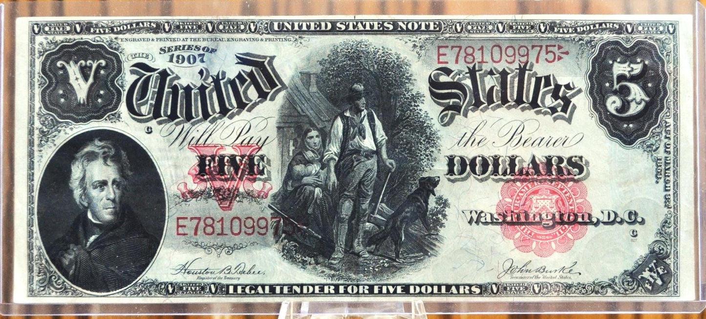 1907 5 Dollar United States Note, Woodchopper Note! Fr#88, AU Grade/Cond. 1907 Series Woodchopper 5 Dollar Bill Large Size 1907 Horseblanket