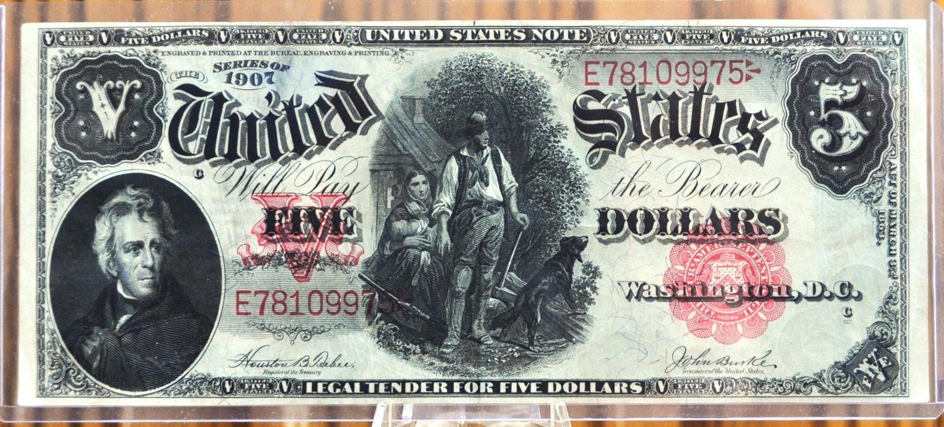 1907 5 Dollar United States Note, Woodchopper Note! Fr#88, AU Grade/Cond. 1907 Series Woodchopper 5 Dollar Bill Large Size 1907 Horseblanket