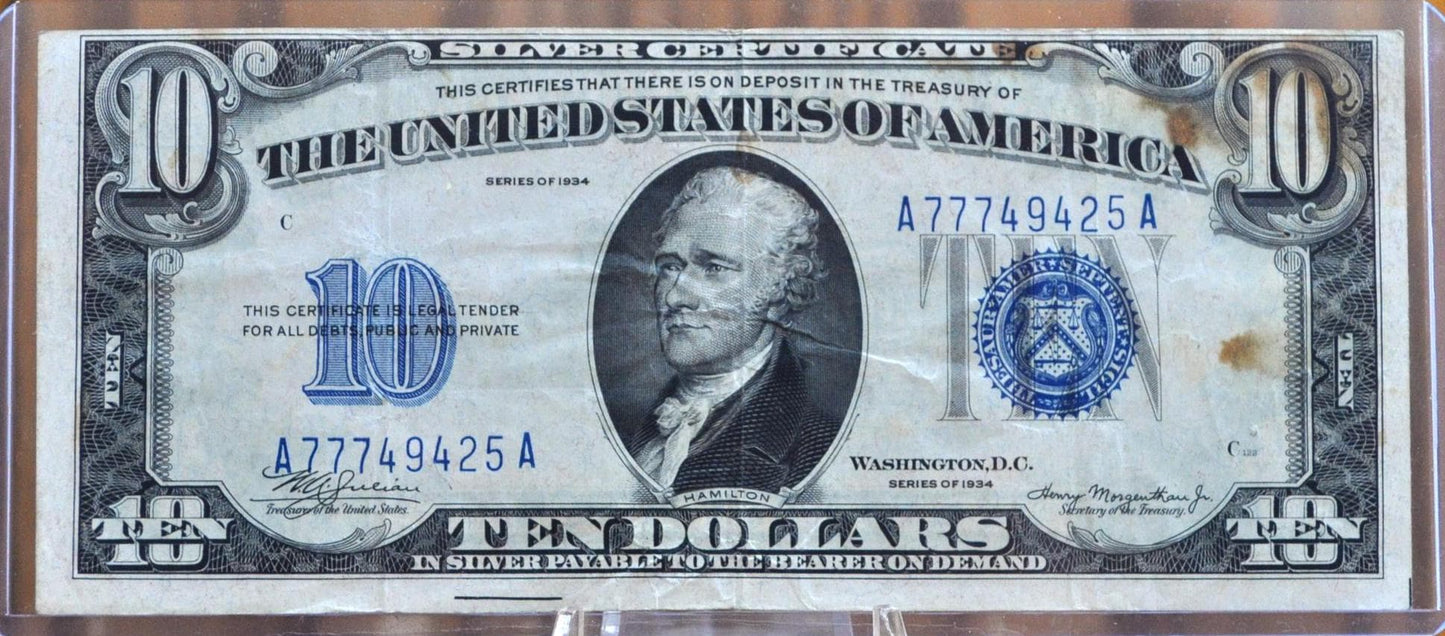 1934 10 Dollar Silver Certificate - F/VF (Fine-Very Fine) Grade / Condition - Blue Seal 1934 Ten Dollar Silver Cert - Fr#1701, Fr1701
