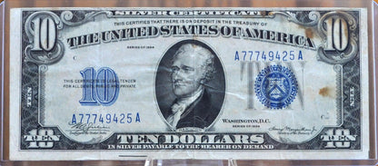 1934 10 Dollar Silver Certificate - F/VF (Fine-Very Fine) Grade / Condition - Blue Seal 1934 Ten Dollar Silver Cert - Fr#1701, Fr1701